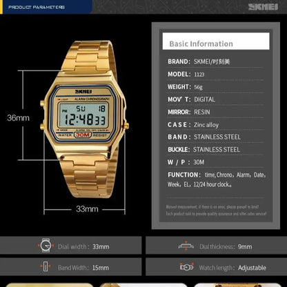 SKMEI 1123 Luxury Retro Digital Sports Watch for Men Stainless Steel Waterproof Mens Wristwatches Steel Clock 1328 Reloj Hombre