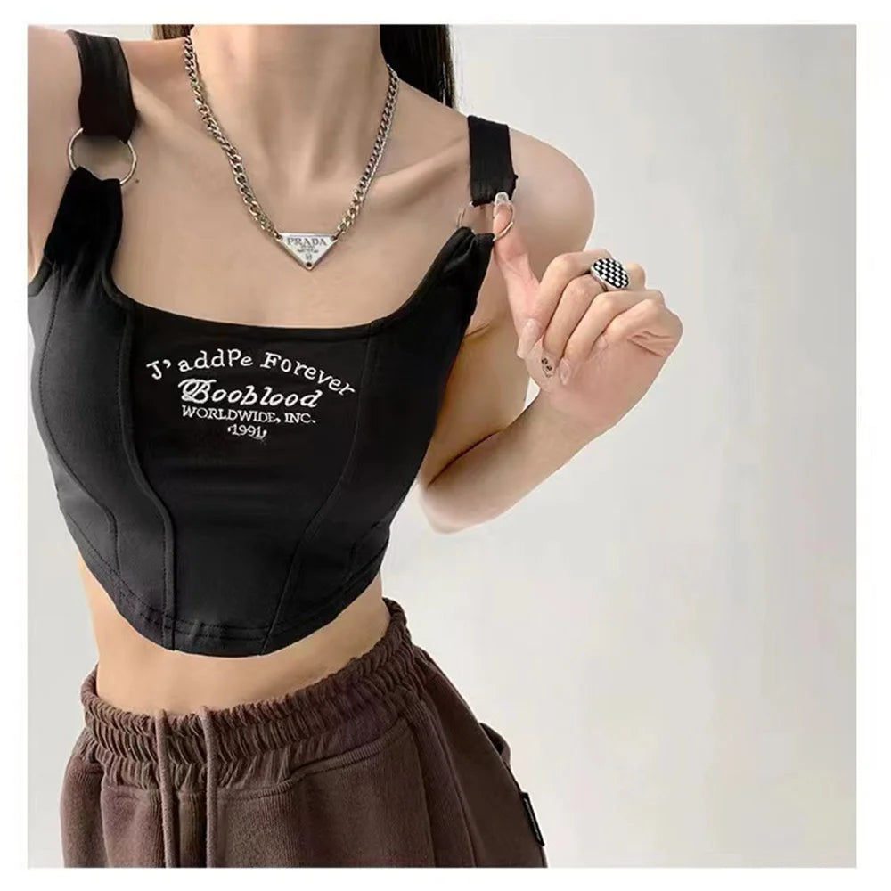 Fashion Embroid Letter Print Crop Tops Women Summer Sexy Streetwear Short Tops Suspenders Sports Tank Top Gym Solid Slim Vest