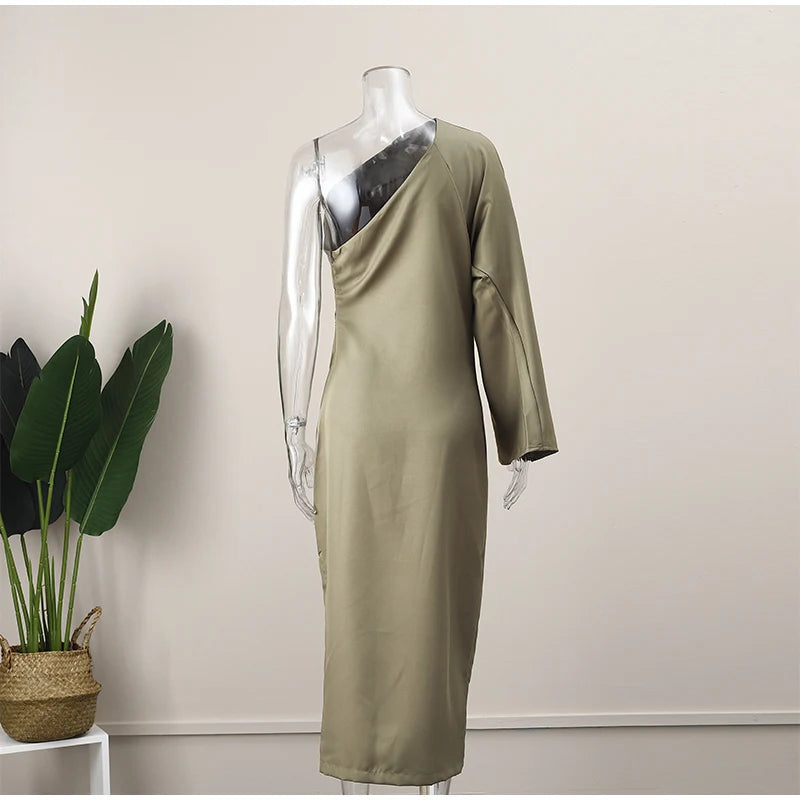 Sexy Women One Shoulder Long Sleeve Dresses Elegant Backless Split Side Slit Bodycon Dress 2023 Fashion Pleated Ladies Robe