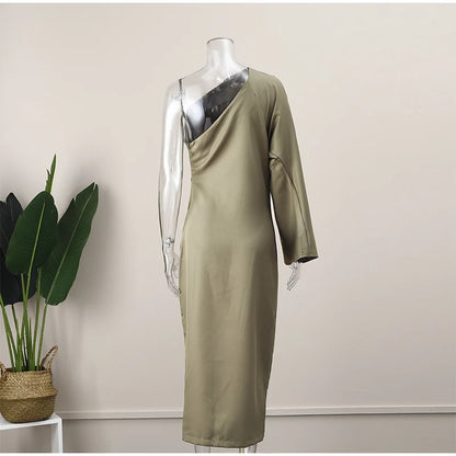 Sexy Women One Shoulder Long Sleeve Dresses Elegant Backless Split Side Slit Bodycon Dress 2023 Fashion Pleated Ladies Robe