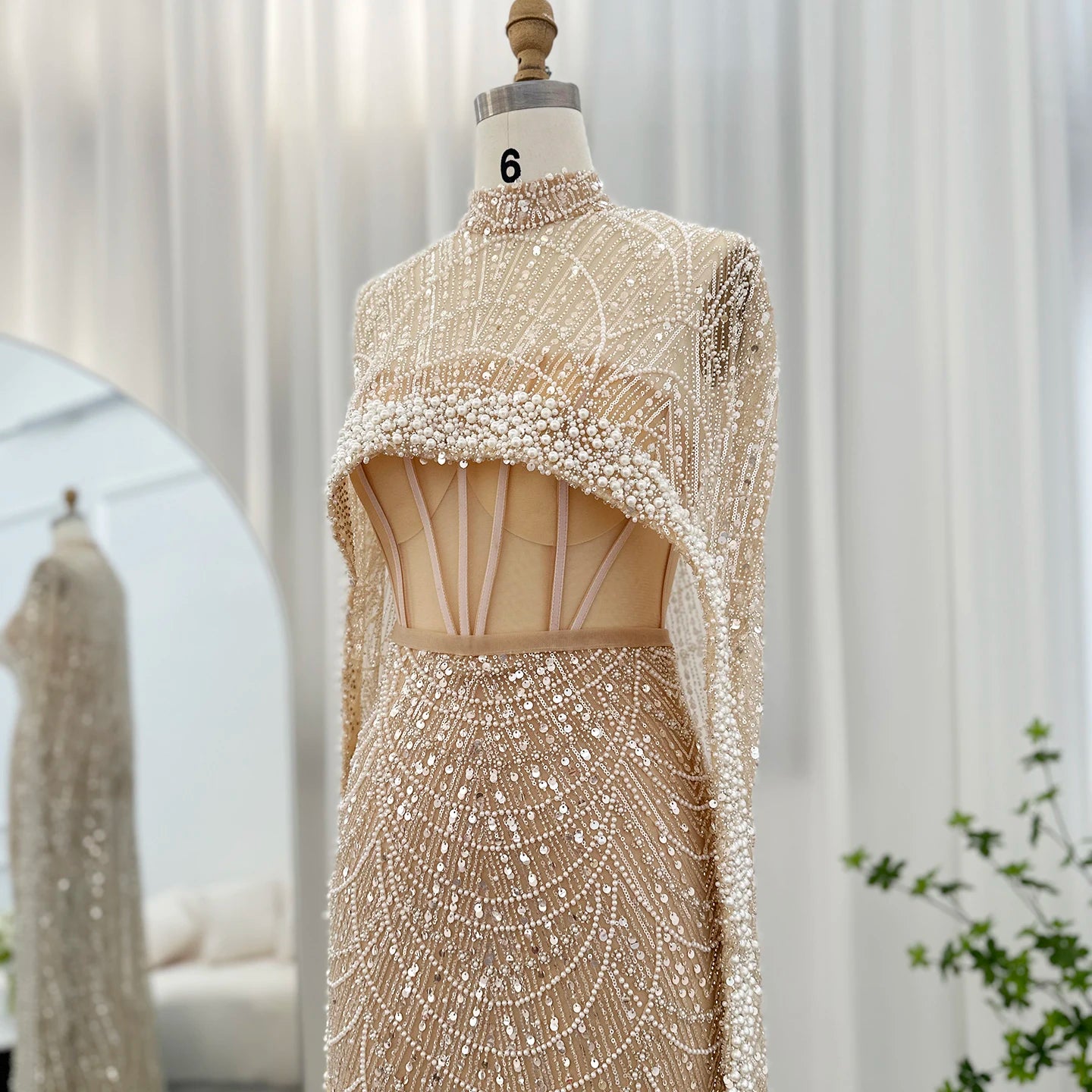 Sharon Said Luxury Pearls Dubai Champagne Evening Dresses with Cape New Arabic Women Mermaid Wedding Party Prom Dress SS369