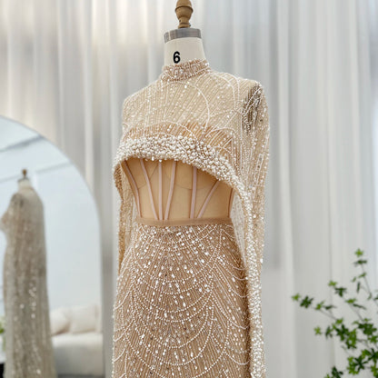 Sharon Said Luxury Pearls Dubai Champagne Evening Dresses with Cape New Arabic Women Mermaid Wedding Party Prom Dress SS369