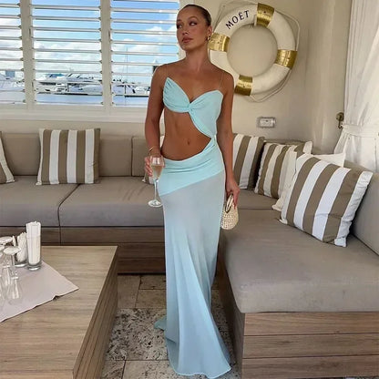 Sexy Chest Wrap Maxi Women's Dress White Backless Hip Package High Split Female Beach Dresses 2025 Summer Hollow Out Lady Robe