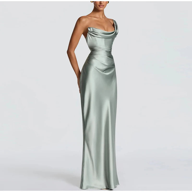 One Shoulder Satin Women 's Maxi Dress Cowl Neck Ruched Waist Bodycon Dresses 2026 Summer Woman Formal Evening Party Vestidos