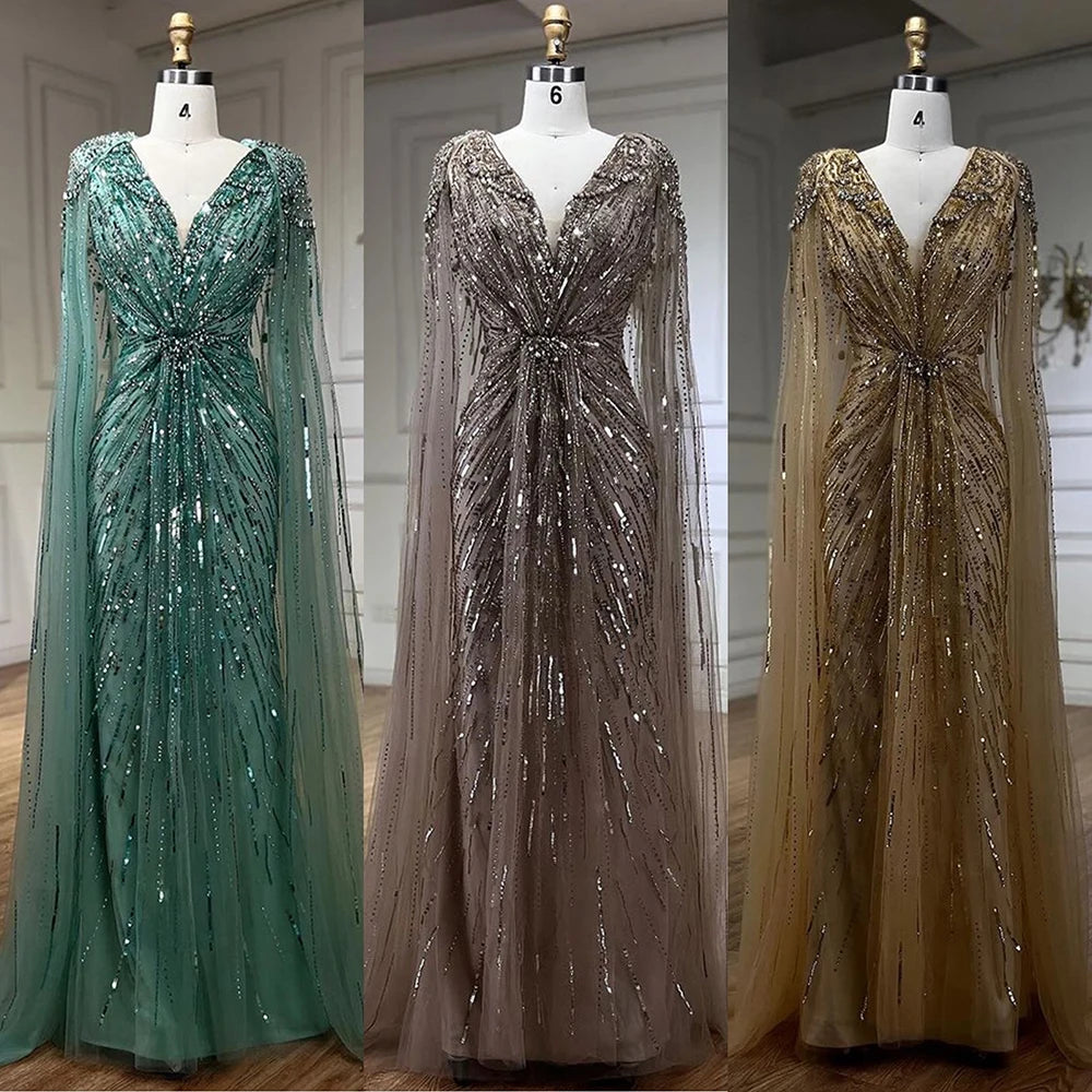 Serene Hill 2025 Turquoise Mermaid Evening Dresses Gowns With Beaded  Cape For Women's Wedding Party LA72168A Customized