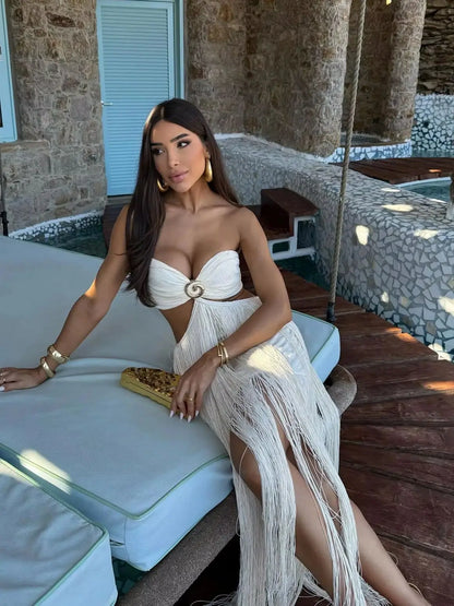 Women Fashion Off Shouler Tassels Long Skirt Set Sexy To Foots White Dresses Set Party Gown Clothing Female Beachwear Getways