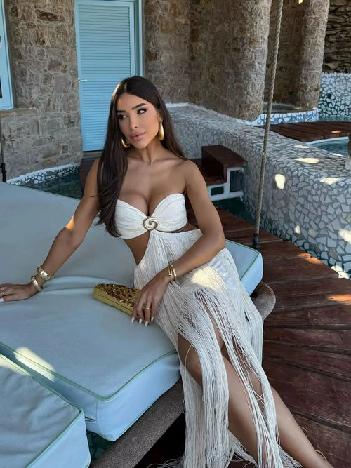 Women Fashion Off Shouler Tassels Long Skirt Set Sexy To Foots White Dresses Set Party Gown Clothing Female Beachwear Getways