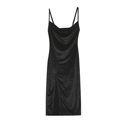 Velvet Swing Collar Sleeveless Slip Sexy Slit Maxi Dress 2024 New Fashion Evening Party Women Elegant Streetwear Y2K
