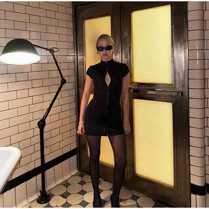 Black Hollow Out Kpop Mini Dress Women Elegant Turtleneck Short Sleeve High Waist Slim Dresses 2026 Lady Party Club Robes