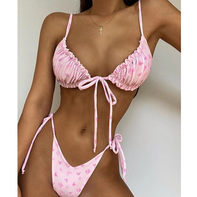 BIQIUYYI Brazilian Sexy Micro Mini Thong Bikini Set Summer Bandage Swimsuit Women Pleated Bathing Suit Beachwear Halter Biqiuni