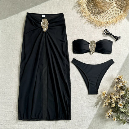 Vintage White Swimsuit Women Metal Oyster Buckle Push Up Mesh Long Skirt 3 Piece Bikini Set 2025 Holiday Bathing Suit Swimwear