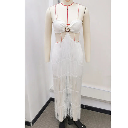 Women Fashion Off Shouler Tassels Long Skirt Set Sexy To Foots White Dresses Set Party Gown Clothing Female Beachwear Getways