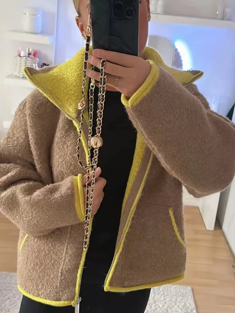 Fashion Contrasting Knitted Cardigan for Women Elegant Long Sleeve Pockets Zipper Sweater 2026 Spring Street Lady Chic Outwear