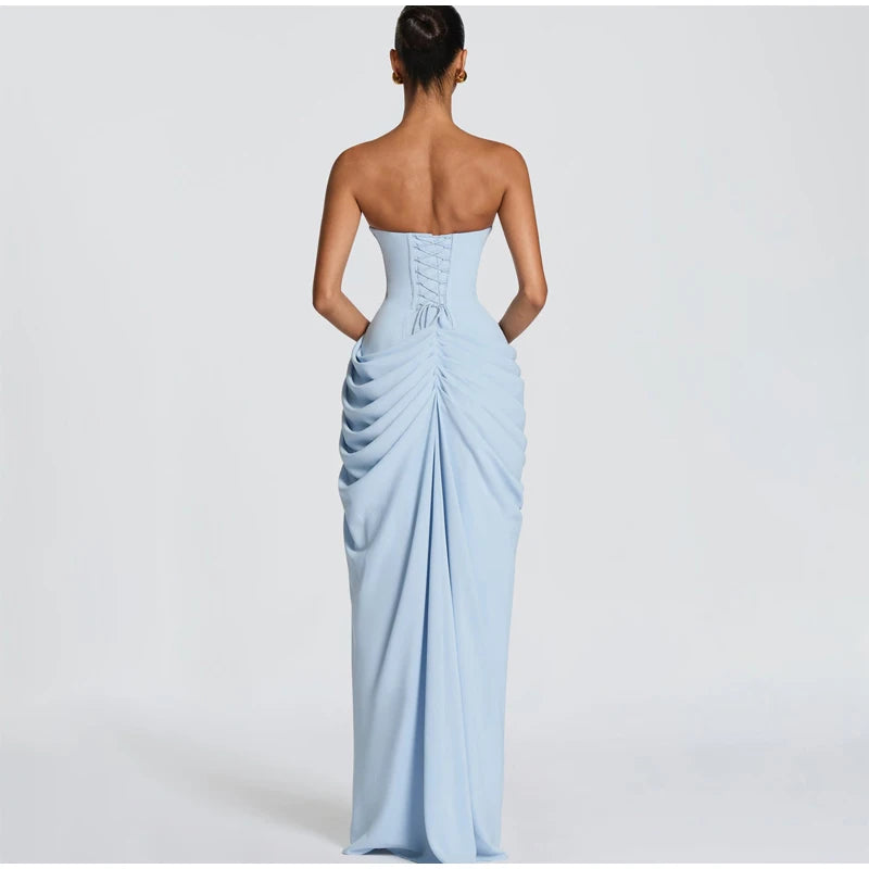Lady Sexy Strapless Split Solid Pleated Dress Women Chic Backless High Waist Off-shoulder Dresses 2026 New Evening Party Gowns