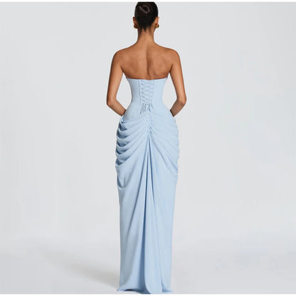 Lady Sexy Strapless Split Solid Pleated Dress Women Chic Backless High Waist Off-shoulder Dresses 2026 New Evening Party Gowns