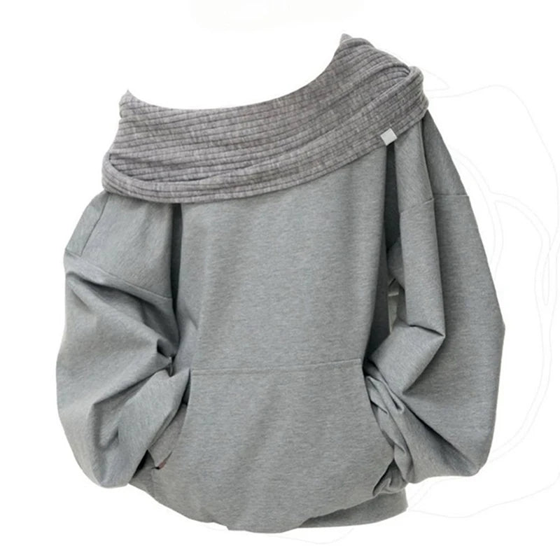 Knit Patchwork Sweatshirt Women Loose Casual Long Sleeve Sporty Top Spring Fall Chic Lazy Off Shoulder Harajuku Y2K Coat