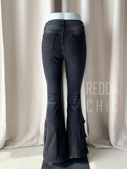 REDDACHiC Black Low Waist Cargo Jeans 2000s Distressed Whiskers Multi-pocket Stretch Bootcut Pants Women Retro Grunge Streetwear