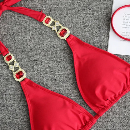 2026 Shiny Rhinestone Diamond Bikini Women Swimsuit Female Swimwear Two Pieces Bikini Set Halter Metal Chains Bathing Suit Swim