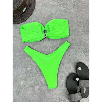 Wrinkled Bandeau High Cut Bikini Women Swimwear Female Swimsuit Two-pieces Bikini set Strapless Bather Bathing Suit Swim V3367