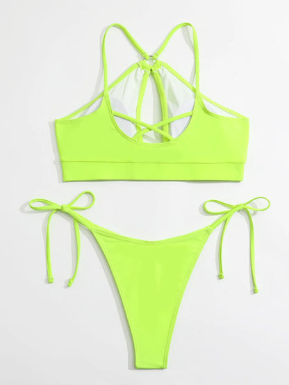 2025 Sexy Orange Bikini Hollow Out Push Up Two-Piece Swimsuit Women Halter Bandage Backless Thong Swimwear Summer Beachwear New
