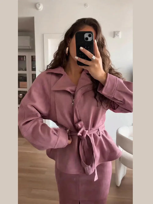 Women's Faux Suede Cropped Trench Coat Jacket Belted Notched Lapel Lace-up Retro Chic Outerwear Spring New High Street Outfit