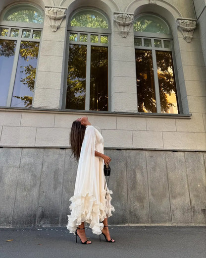 Elegant Ruffle V-neck Maxi Dress Women Chic Lapel Pleated Sleeveless High Waist Dresses Fashion 2025 Summer Lady Vacation Robes