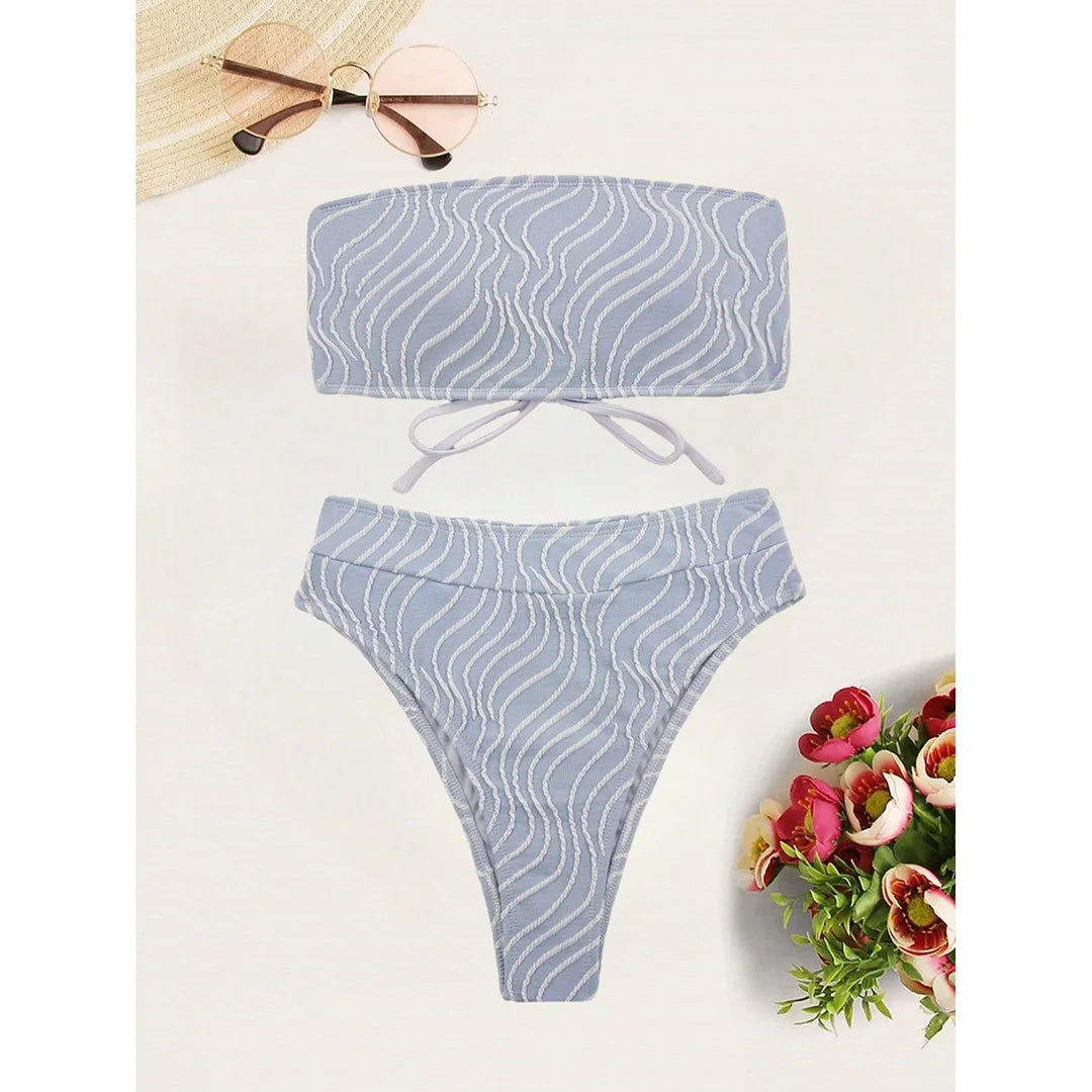 Sexy Wave Striped Bandeau High Waist Bikini Female Swimsuit Women Swimwear Two-pieces Bikini set Bather Bathing Suit Swim K5445