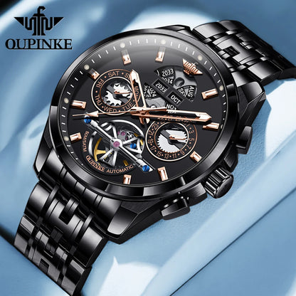 OUPINKE 3251 Men's Watches Flywheel Automatic Mechanical Original Wristwatch for Man Waterproof Luminous Perpetual Dual Calendar