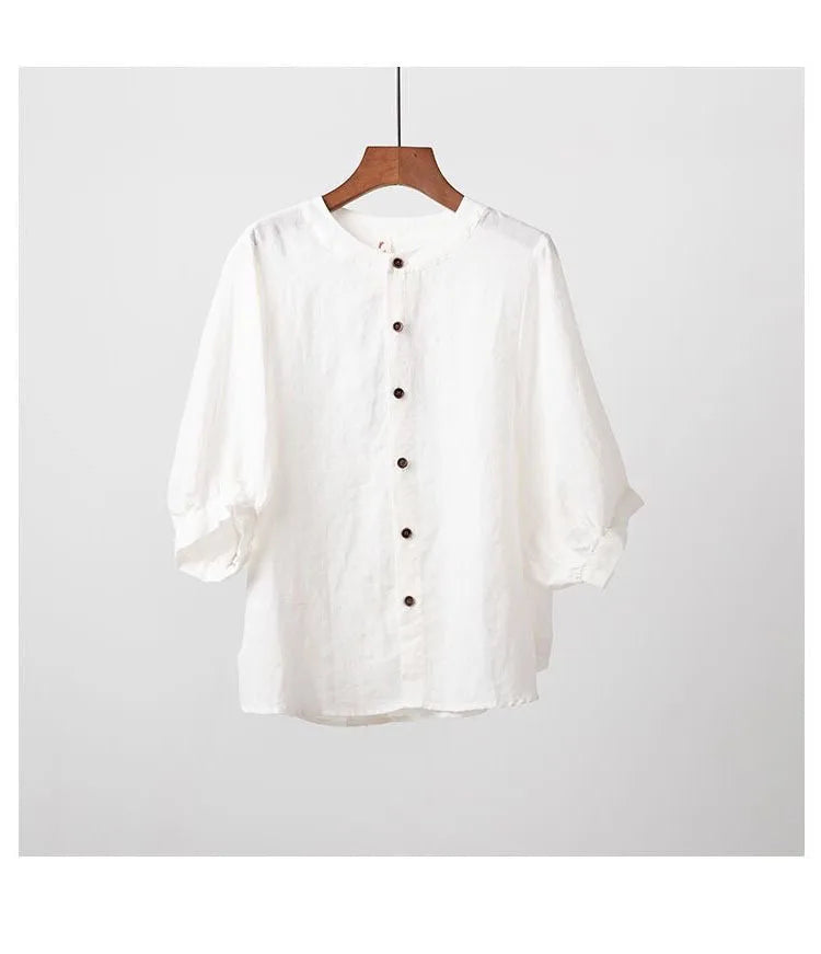 Cotton and linen shirt women's spring and summer thin solid color lantern sleeve stand collar top loose large size shirt