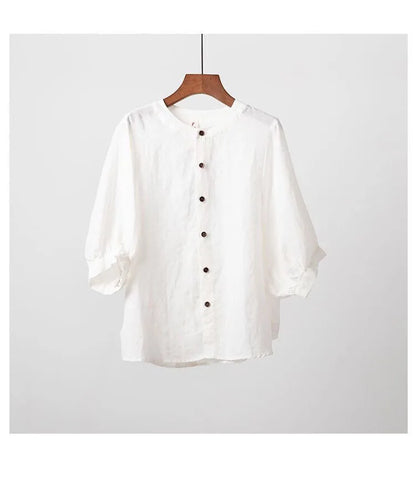 Cotton and linen shirt women's spring and summer thin solid color lantern sleeve stand collar top loose large size shirt
