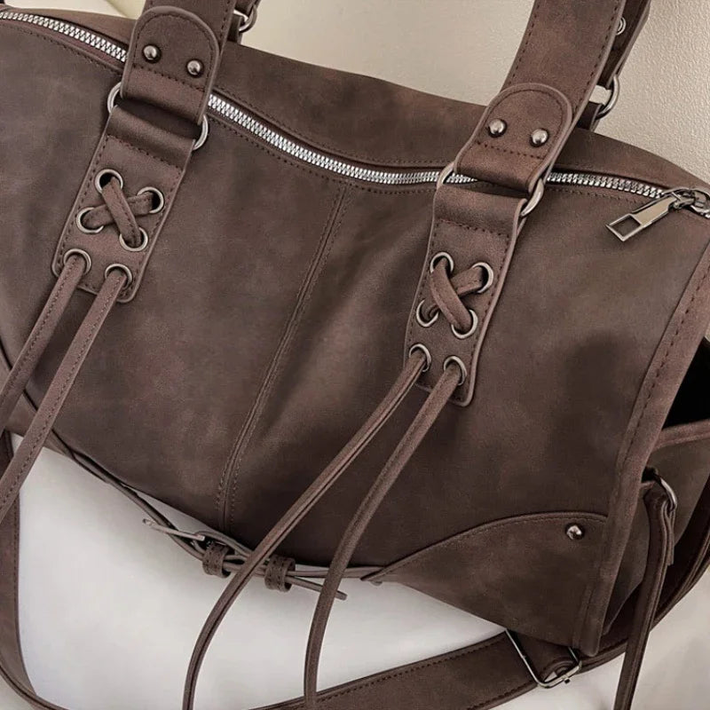 Retro Motorcycle Handbag Women Horizontal Tote Storage Tassel Design Pillow Shoulder Bag Trendy Large Capacity Soft Underarm Bag