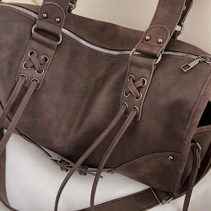 Retro Motorcycle Handbag Women Horizontal Tote Storage Tassel Design Pillow Shoulder Bag Trendy Large Capacity Soft Underarm Bag