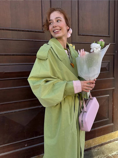 Women Green Lapel Trench Coat Fashion Belted Long Sleeve Loose Outerwear Chic 2025 New Autumn Street Travel Leisure Lady Outwear