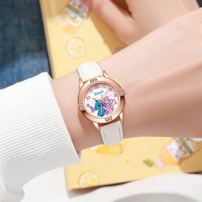New Cartoon Pattern Stitch Girls Watches for Kids Leather Strap Children Watch with Rhinestone Dial reloj stich Exquisite Gift