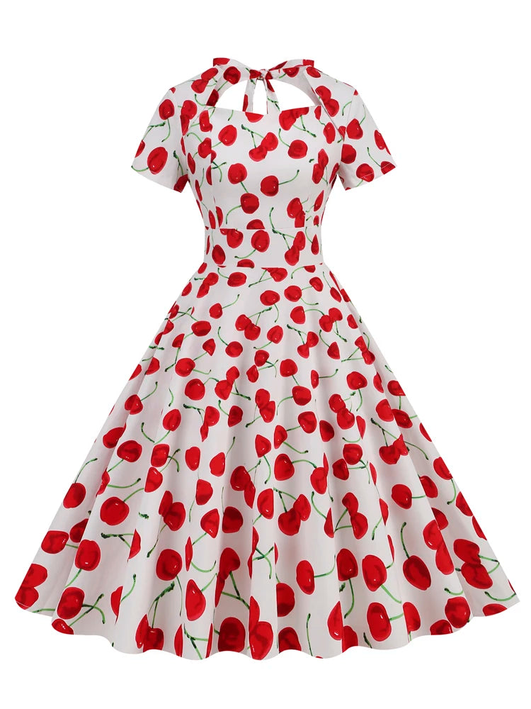 Tonval Sweetheart Neck High Waist Cherry Vintage 50s Midi Dress Short Sleeve Backless Women Tie Back Cotton Rockabilly Dresses