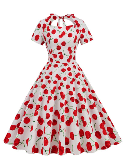Tonval Sweetheart Neck High Waist Cherry Vintage 50s Midi Dress Short Sleeve Backless Women Tie Back Cotton Rockabilly Dresses