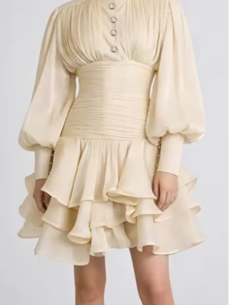 Women Elegant High Collar Ruffled Mini Dress Chic Long Puff Sleeves Waist Cinching A-line Dresses 2026 Lady Evening Dinner Gowns