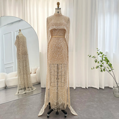 Sharon Said Luxury Pearls Dubai Champagne Evening Dresses with Cape New Arabic Women Mermaid Wedding Party Prom Dress SS369