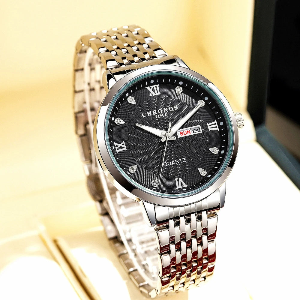 CHRONOS Mens Watch Waterproof Stainless Steel Business Men Wrist Watches with Calendar Auto Date Quartz Classic Office Timepiece