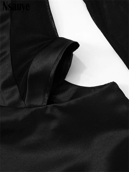 Nsauye Pullover Sexy Women Mesh Turtleneck Long Sleeve Satin Cut Out Dress Bodycon Short Club Evening Fashion Party Dress 2024