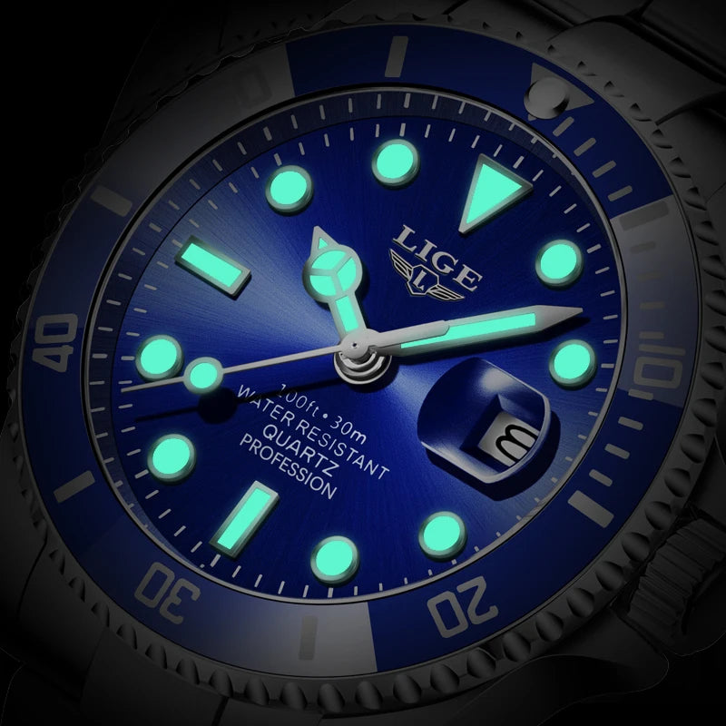 LIGE Top Luxury Watches For Men Fashion 30M Waterproof Luminous Date Quartz Wristwatches Casual Business Mens Watch Roloj Hombre
