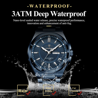POEDAGAR Top Business Men's Watches Stainless Steel Waterproof Luminous Man Watch Date Week Quartz Casual Fashion Men Wristwatch