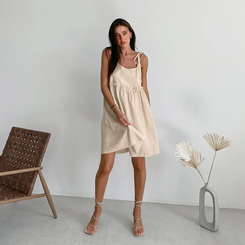 Solid Color Leace-up Spaghetti Strap Dresses Women Fashion Folds A-line Mini Dress Temperament Lady Commuting Short Vestidos New