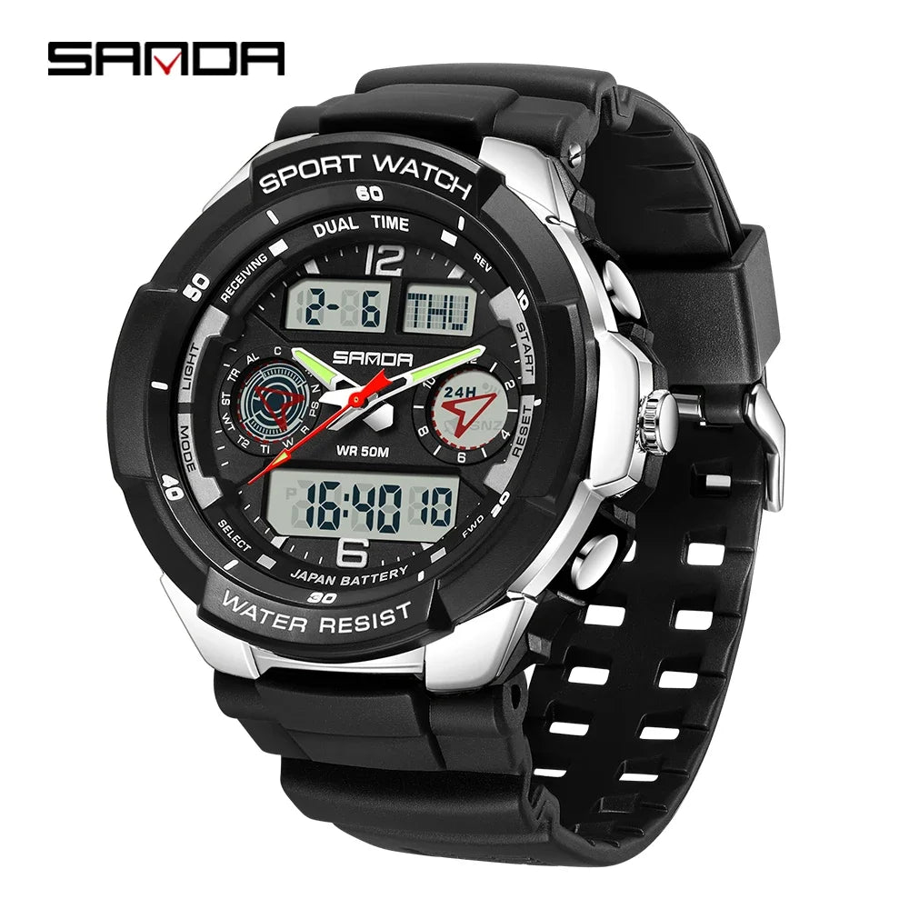 SANDA 6197 Top Class Men's Korean Student Electronic Watch Sports Multi functional Alarm Clock Waterproof Men's Watches 2024