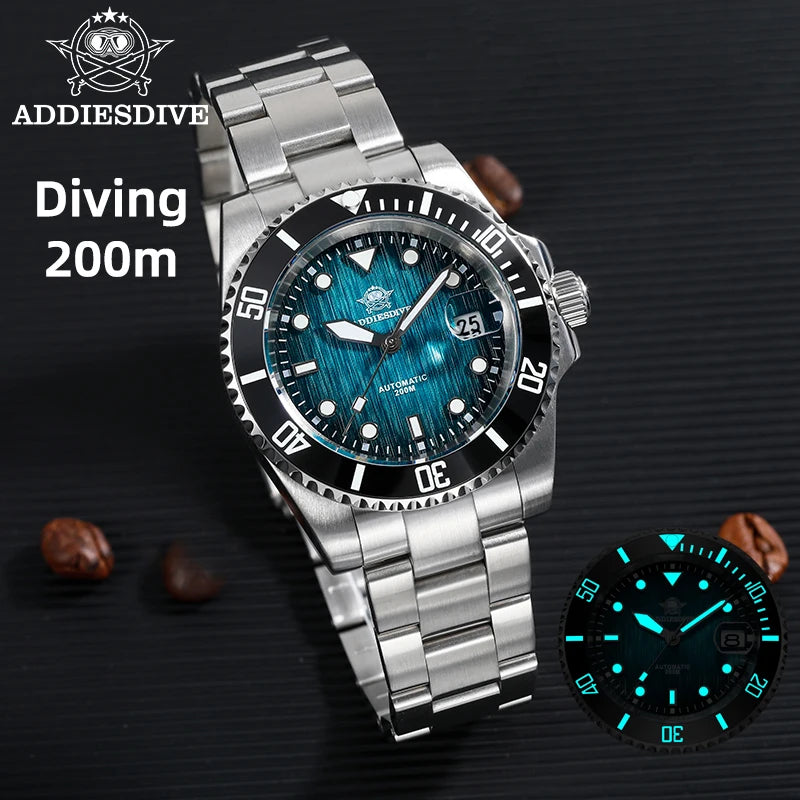 ADDIESDIVE 41MM Sunburst Automatic Mechanical Watches Japan 8215 AD2536 reloj hombre Luminous Sapphire Crystal Diver Men's Watch