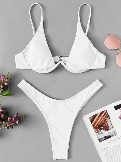 Sexy Neon V-bar Underwired Bikini 2025 Female Ribbed Swimsuit Women Thong Swimwear Two-pieces Bikini set Push up Bathing Suit