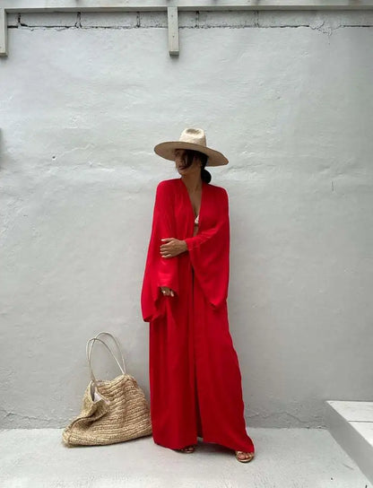 Solid Beach Cover Up Women Self Belted Wrap Kimono Dress Swimsuit 2025 New Robe Summer Beachwear Factory Supply