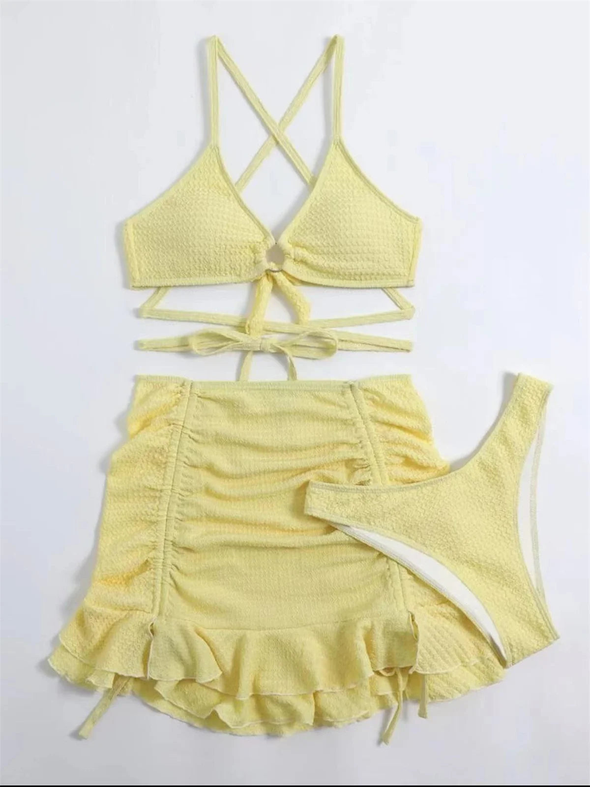 Sexy Yellow Bikini Women Solid Halter Ring Linked Criss Cross Cover Up 3 Piece Swimsuit 2026 Bathing Suit Ruffles Skirt Swimwear