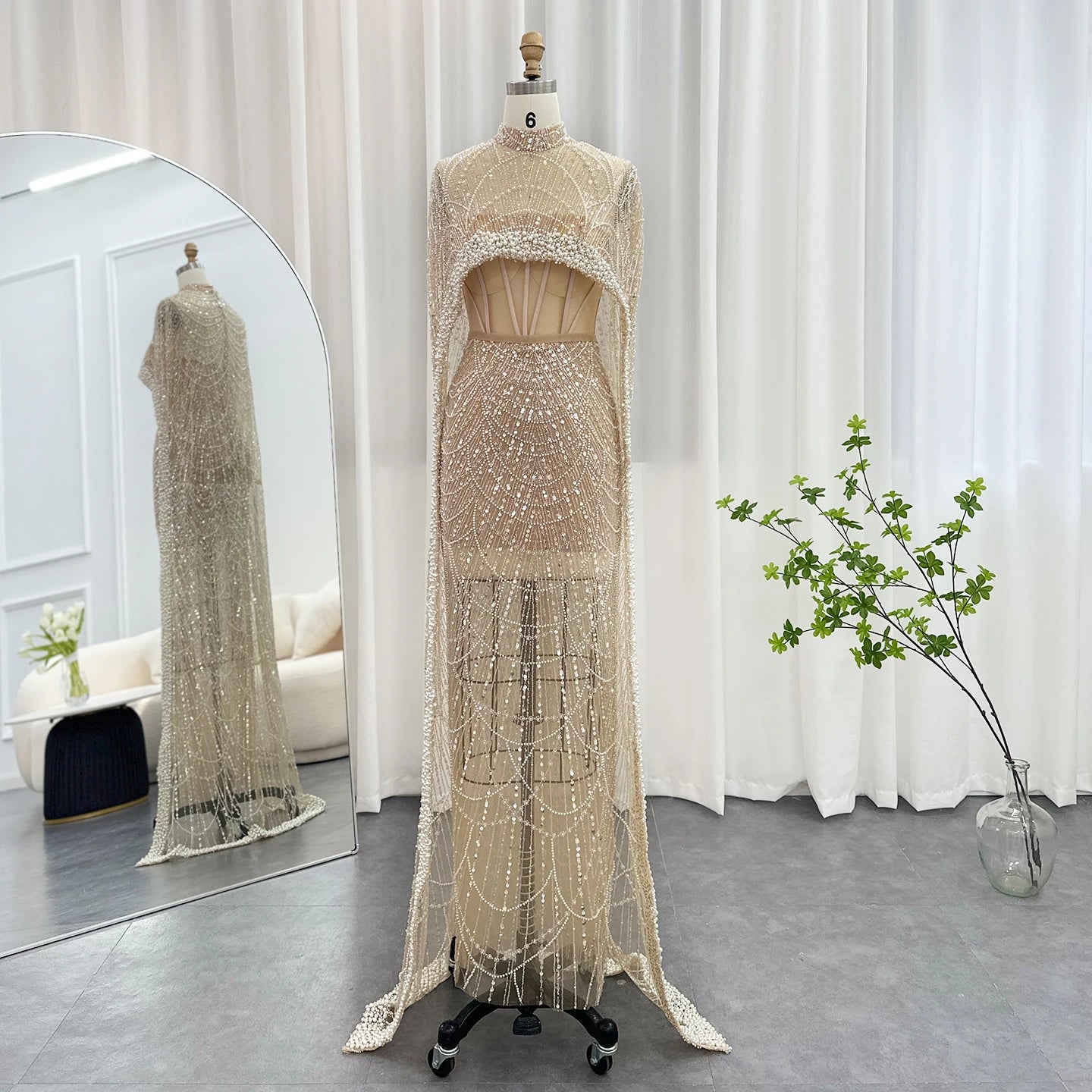 Sharon Said Luxury Pearls Dubai Champagne Evening Dresses with Cape New Arabic Women Mermaid Wedding Party Prom Dress SS369