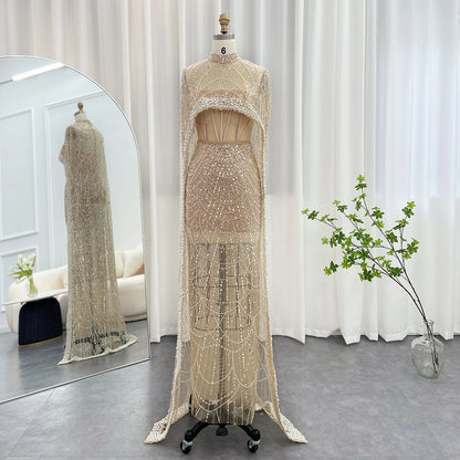 Sharon Said Luxury Pearls Dubai Champagne Evening Dresses with Cape New Arabic Women Mermaid Wedding Party Prom Dress SS369